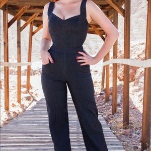 Pinup Girl Clothing Laura Byrnes Dark Blue Denim Overalls Jumpsuit